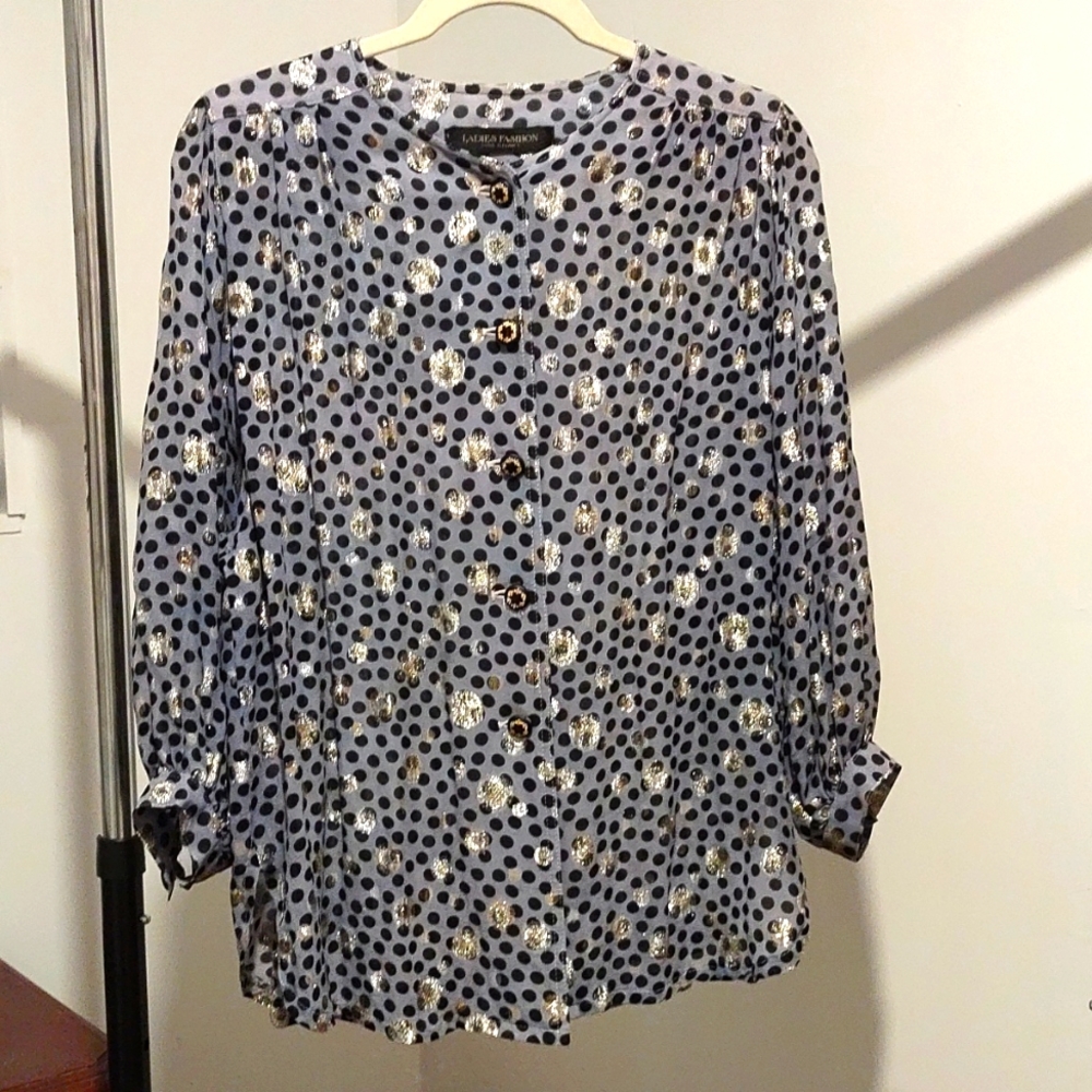 Ladies Fashion 3/4 Long Sleeves Black Silver Polka Dots Size L